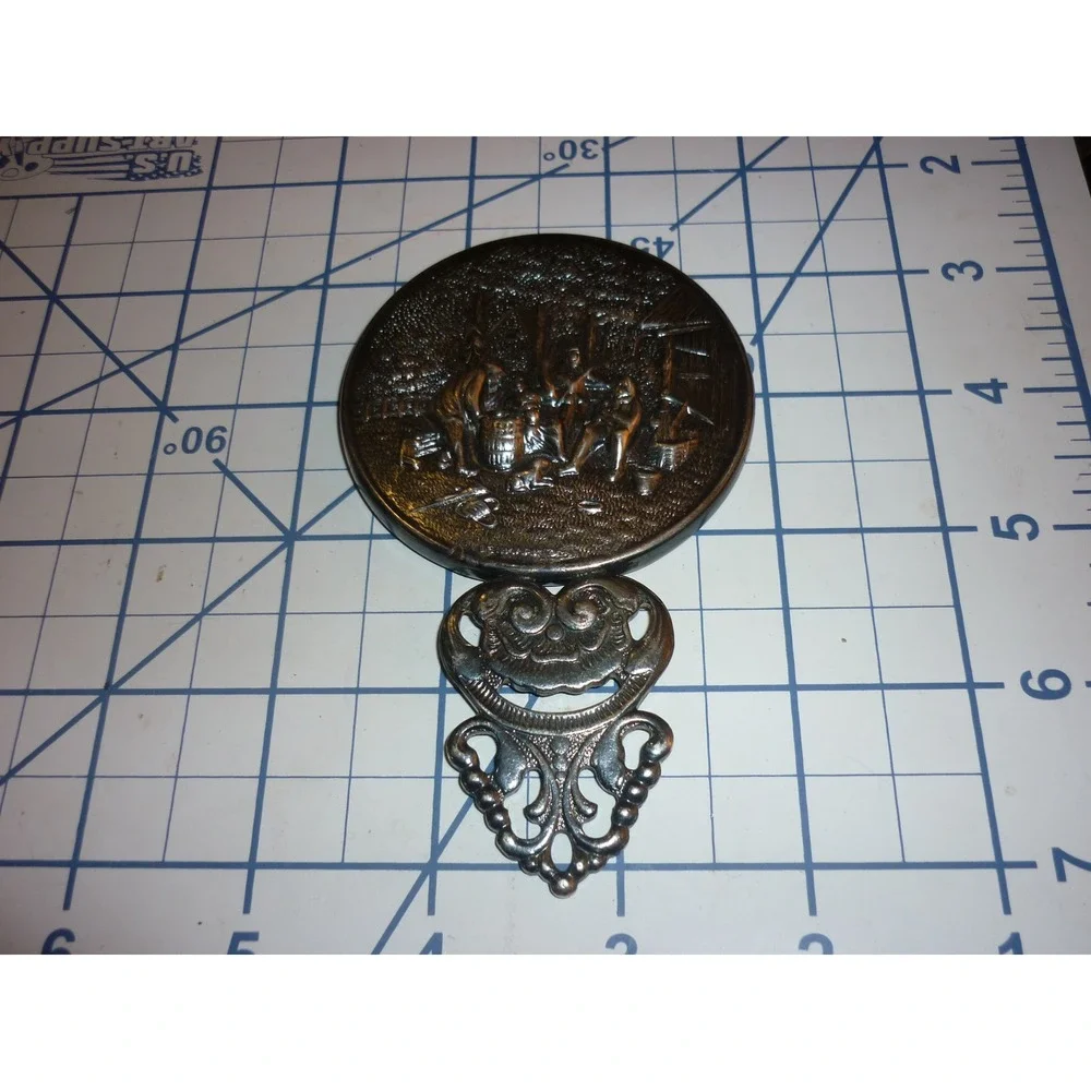 Vintage Denmark Silver Tone Repousse Tavern‎ Scene Ornate Hand Purse Mirror 5